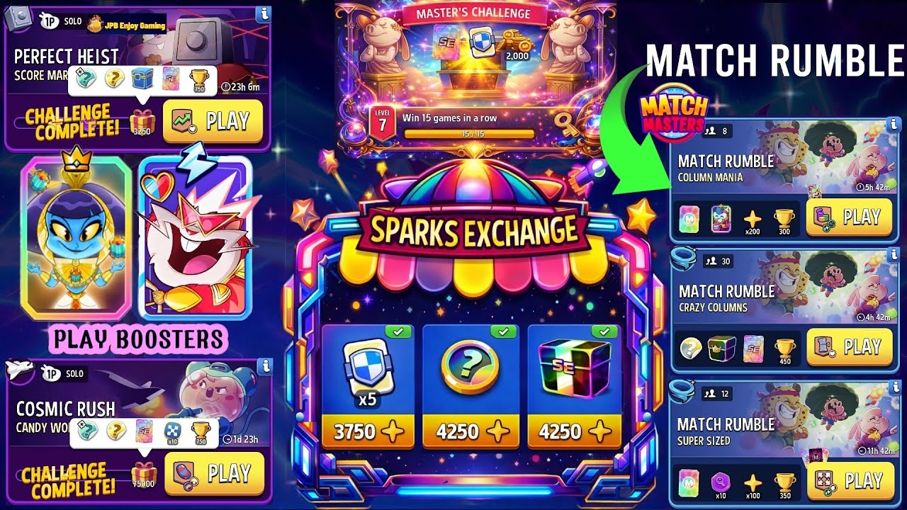 Rewards SPARKS EXCHANGE/(2 Solo+3 Rumble) Score Market/ Candy World/ Crazy Columns/ Super Sized 