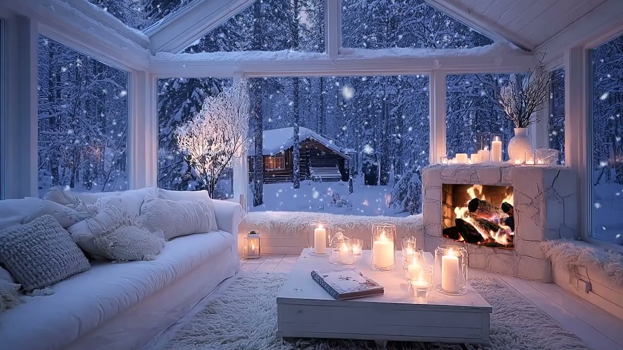 🌨️🔥 Soft Winter Piano Night | Snowy Window & Cozy Lounge Glow | Study, Unwind & Deep Focus