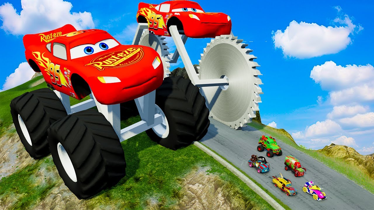 Big & Small Lightning McQueen Monster Wheels vs Pixar Cars with Big Wheels in BeamNG Drive!
