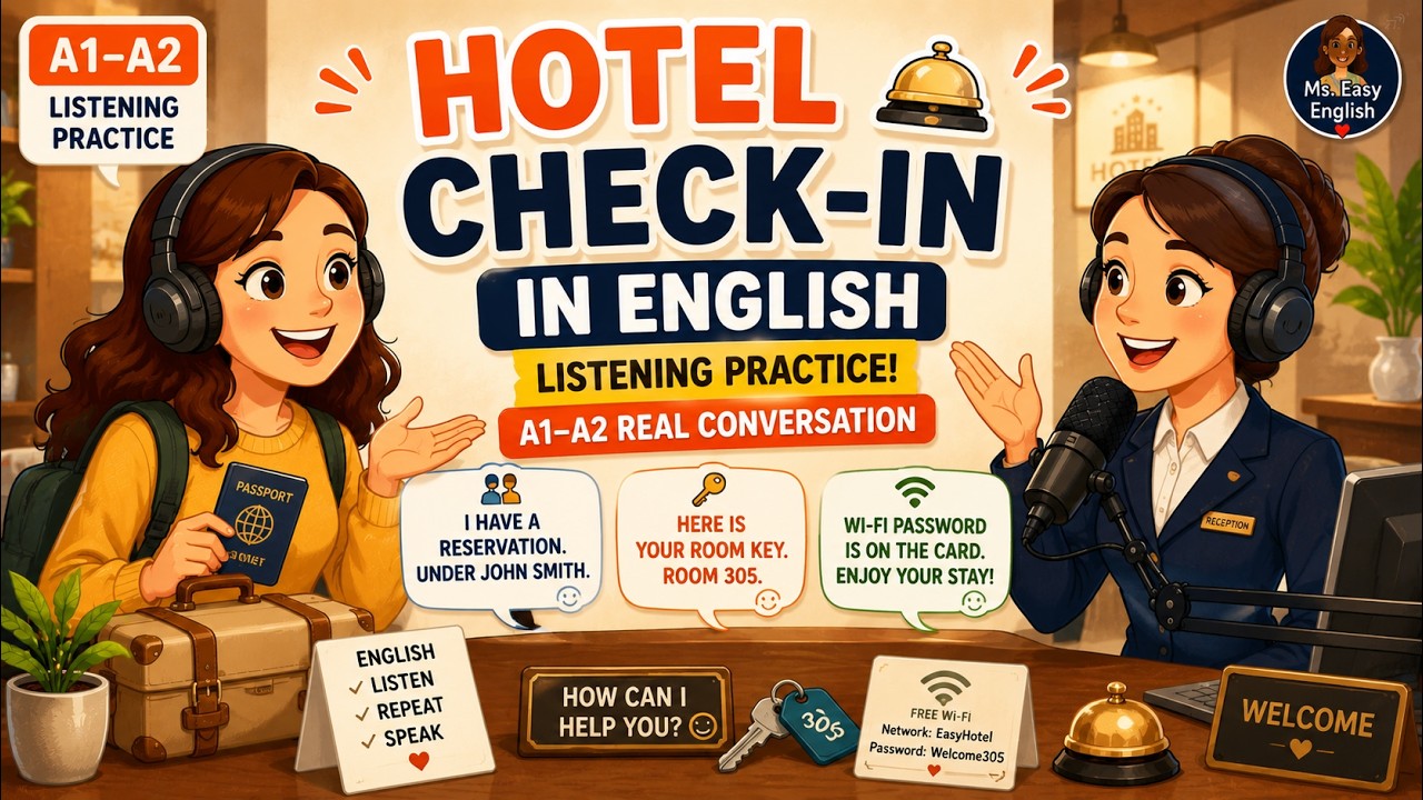 Hotel Check-In In English 🏨 Listening Practice | A1–A2 Real Conversation | Ms. Easy English