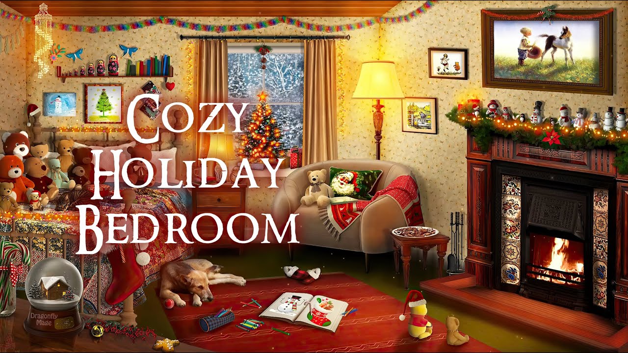 Cozy Holiday Bedroom 🎄 ASMR Christmas winter ambience 🧸 (crackling fire, rustling, snow steps)