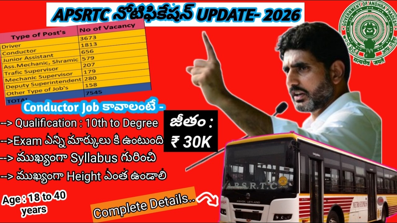 APSRTC Conductor Notification 2026 | APSRTC Conductor Syllabus | 7673 Vacancy | Today Latest news