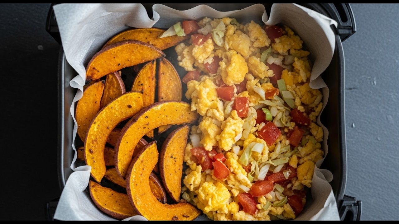 Dinner, Lunch Recipe, Air Fryer Pumpkin & Sweet Potatoes 🍠🎃 with Fresh Tomato Egg Cabbage Sauce