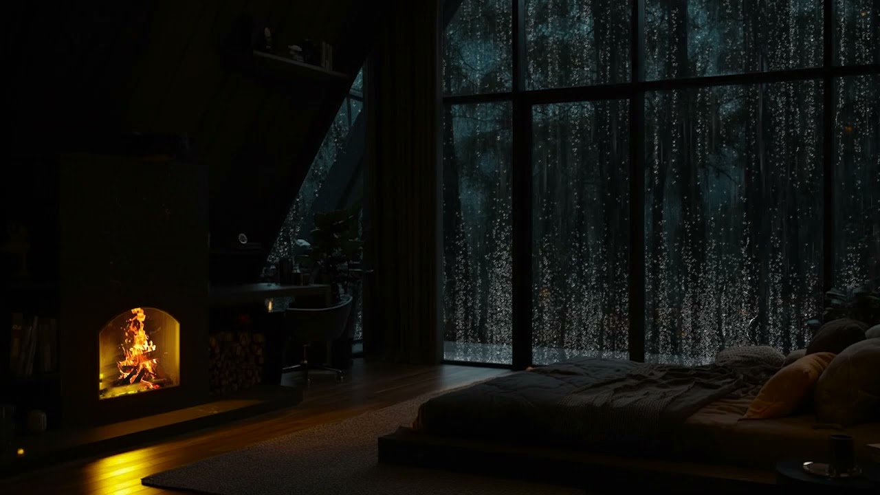 Relaxing Rain & Fireplace Sounds 🌧️ | Cozy Cabin Night Ambience for Sleep