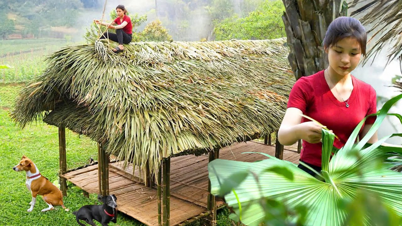 The 16 year old poor girl continues to build bamboo house, Bamboo flooring and palm leaf roofing