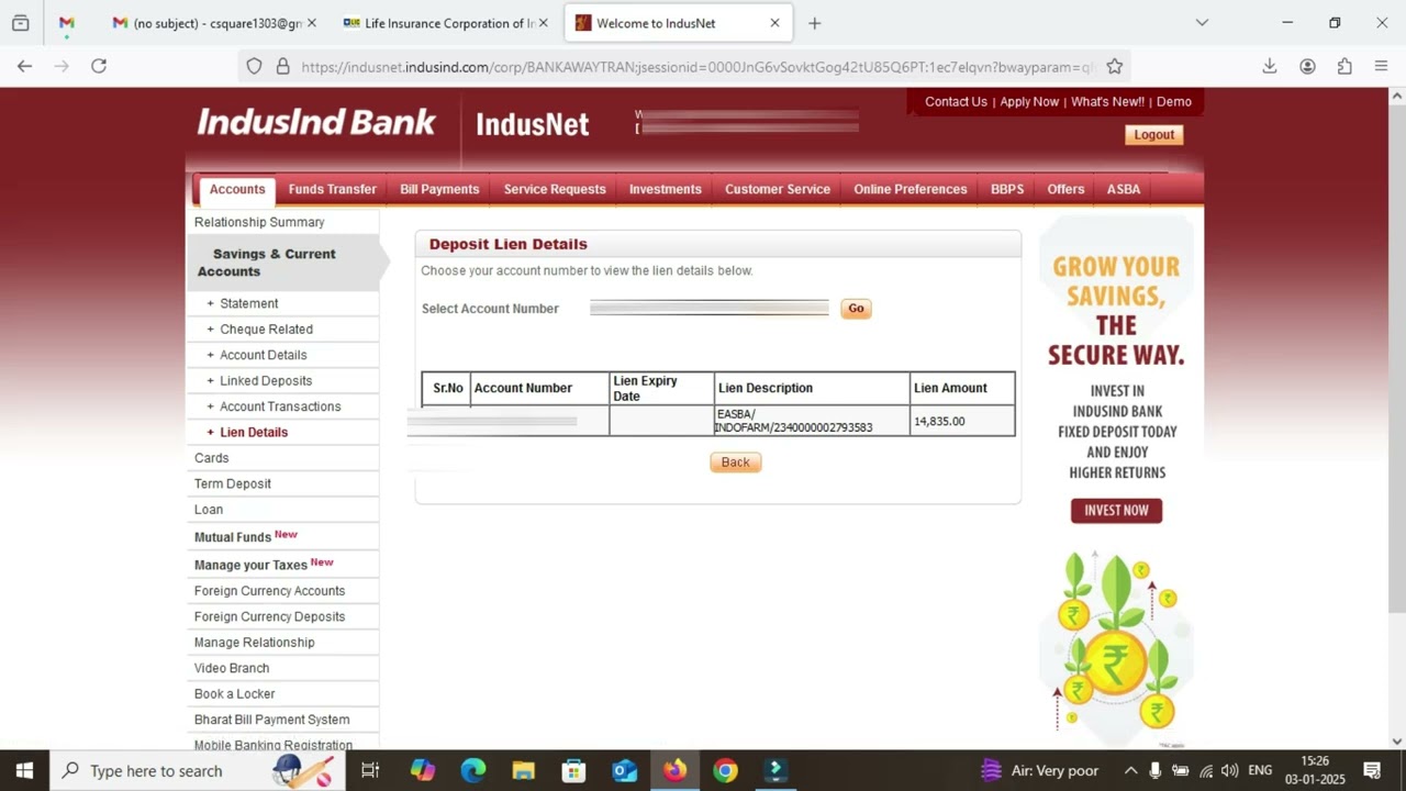 How to check fund lien marked for IPO ASBA application IndusInd Bank | indusind bank lien amount