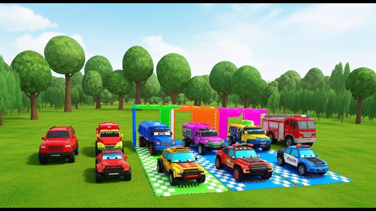 Garage with Colors – SUPER POLICE PARADE with GIANT DOUBLE TRAILER TRUCK