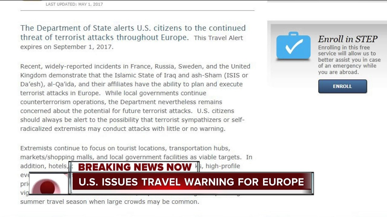 U.S. State Department issues travel alert for Europe