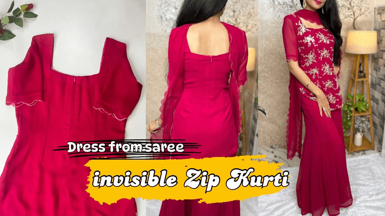 How To Make Back Zip Kurti With Deep Neck/Short Kurti Cutting & Stitching/Dress From Saree