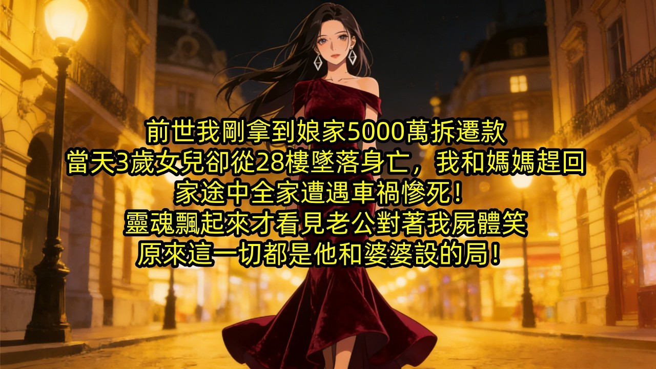 前世我剛拿到娘家5000萬拆遷款，當天3歲女兒卻從28樓墜落身亡，我和媽媽趕回家途中全家遭遇車禍慘死，靈魂飄起來才看見老公對著我屍體笑，原來這一切都是他和婆婆設的局#重生 #一口氣看完 #小說#故事