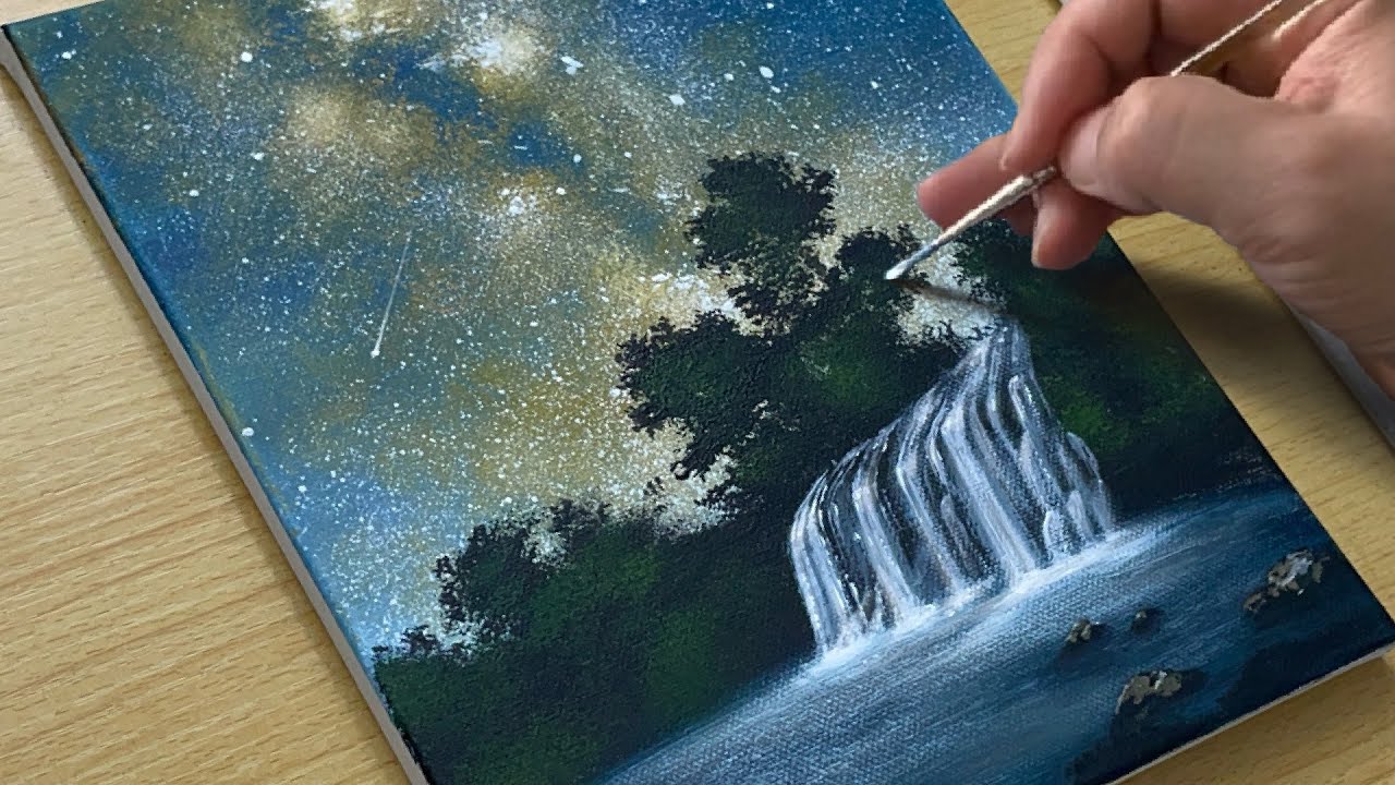 How to Draw a Waterfall under the Milky Way / Acrylic Painting for Beginners