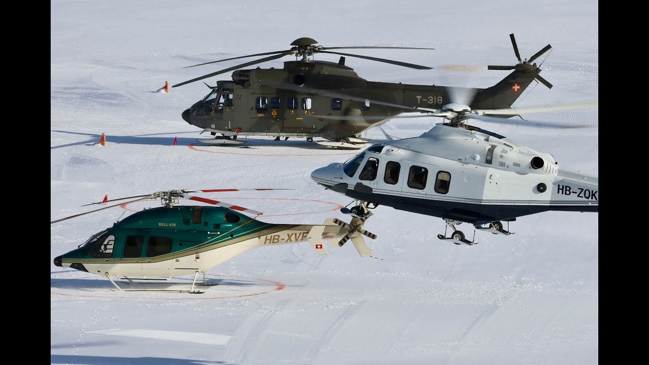 Helicopter traffic WEF Heliport Davos, Switzerland - Super Puma, Bell 429, AW139, Cougar...