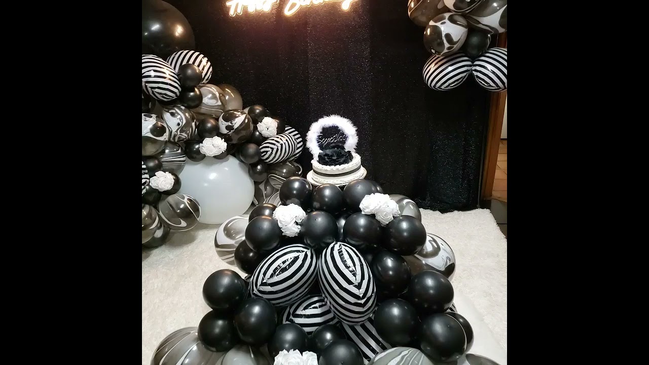 Black and white party decorations #light up cake topper #balloon cake table