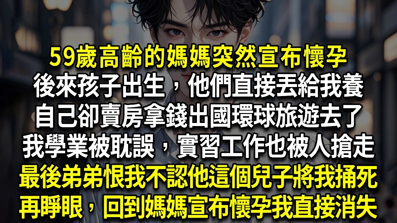 59歲高齡的媽媽突然宣布懷孕後來孩子出生，他們直接丟給我養自己卻賣房拿錢出國環球旅遊去了最後我學業被耽誤，實習工作也被人搶走最後弟弟恨我不認他這個兒子將我捅死再睜眼，回到媽媽宣布懷孕我直接消失