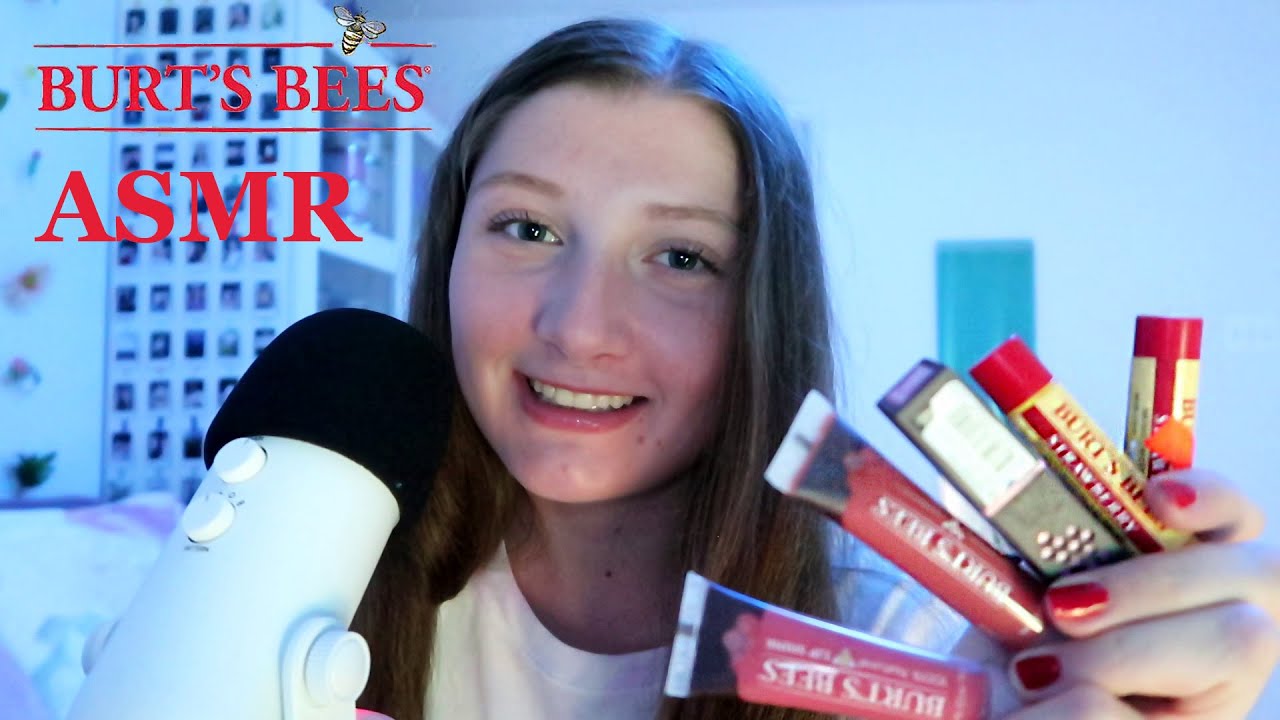 ASMR trying Burt's Bees lip products (mouth sounds + lip gloss sounds + tapping)