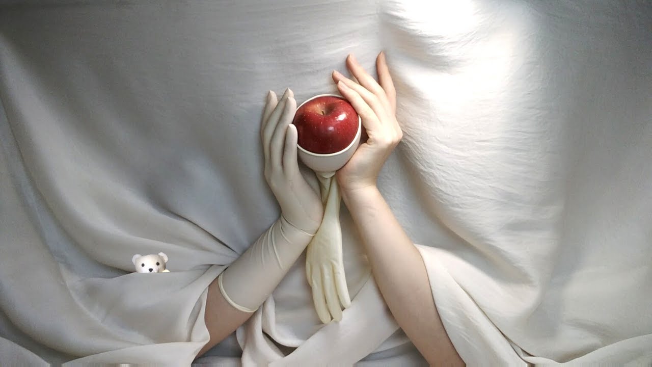 The process of Putting Gloves ASMR + Latex Mix Sounds | Girl's Hands & Apple🍎