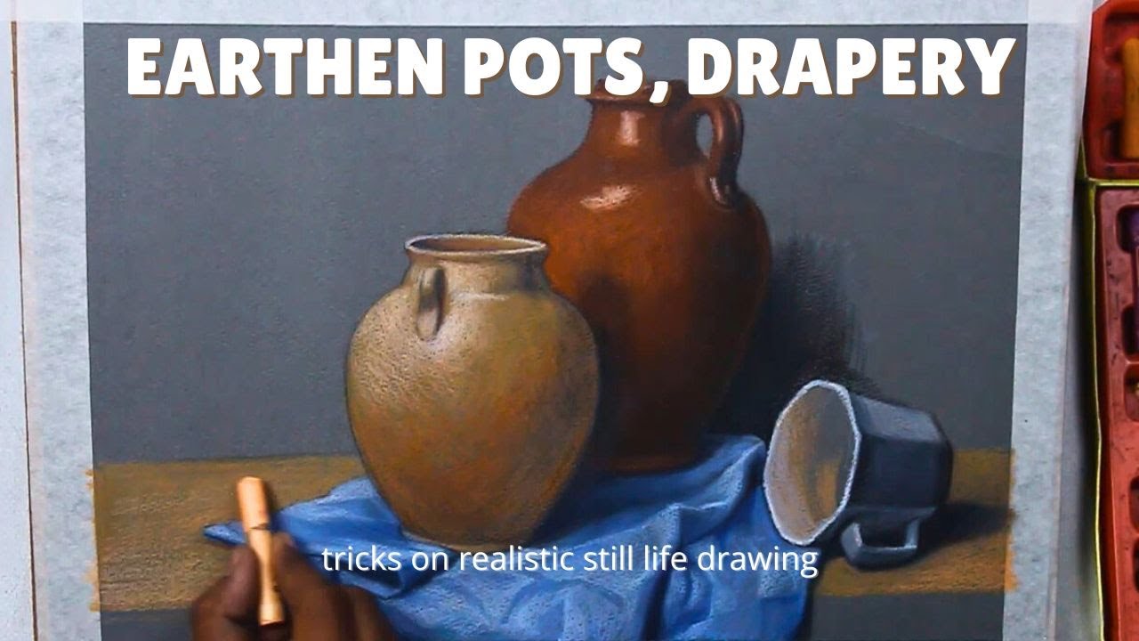 Realistic Still Life in Oil Pastel | Earthen Pots, Cup, Drapery | step by step Coloring