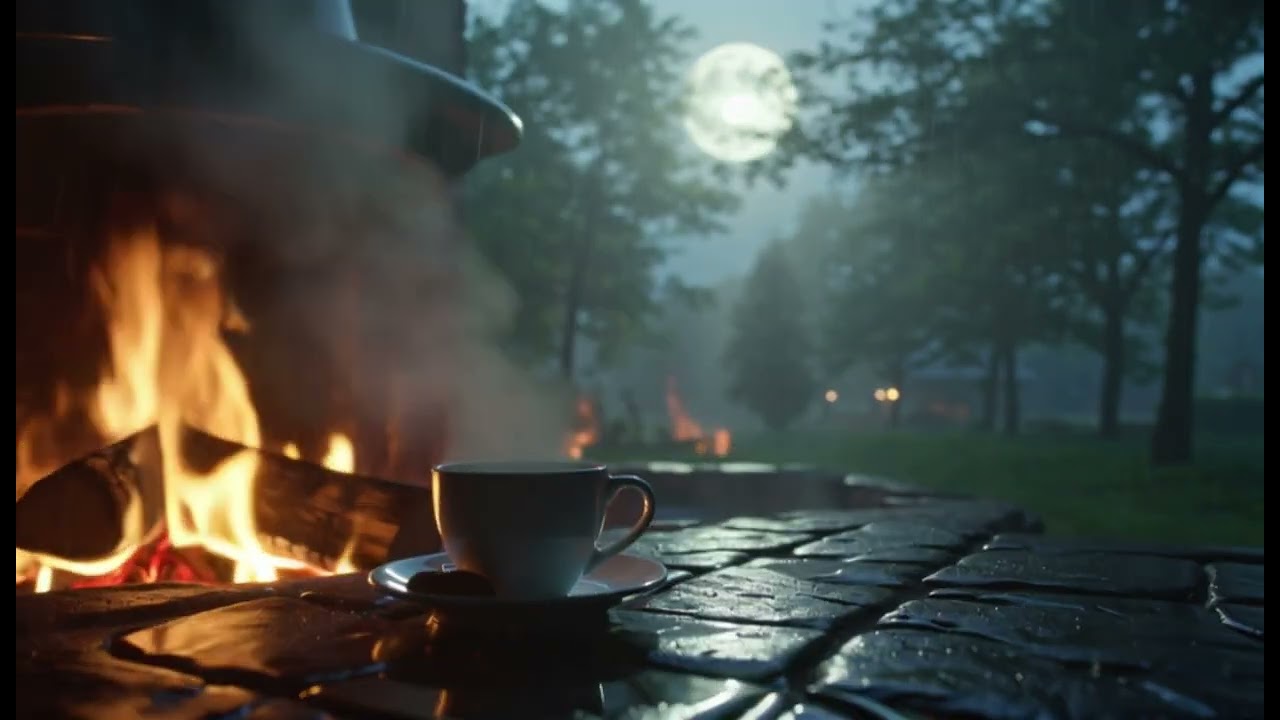 (REKLAMSIZ)1 Saat Şömine ve Yağmur Sesi 🔥🌧️ | Derin Uyku, Rahatlama ve Huzur
