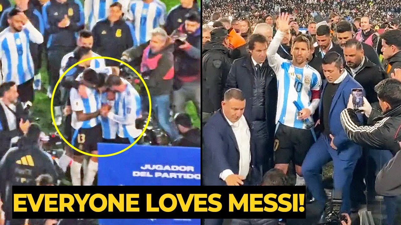 Moment Messi heads to interview but teammates hug him and keep singing for him after the match