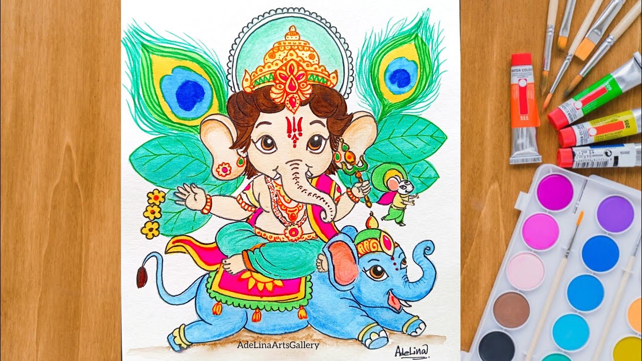 How To Draw Lord Ganesha Drawing Easy | Cute Ganesha Drawing With Water Colour | #ganpati #ganesh
