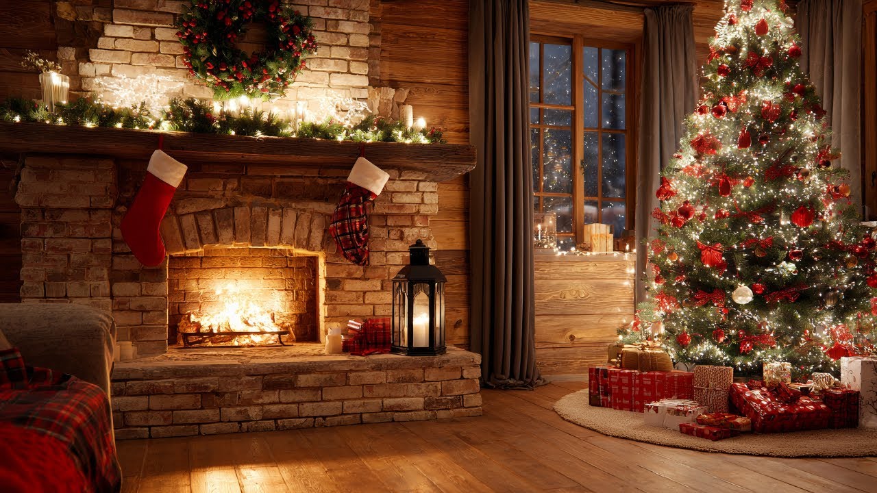 Warm Fireplace Ambience 2025 | Snow Christmas Night with Soft Piano & Cozy Cabin Vibes