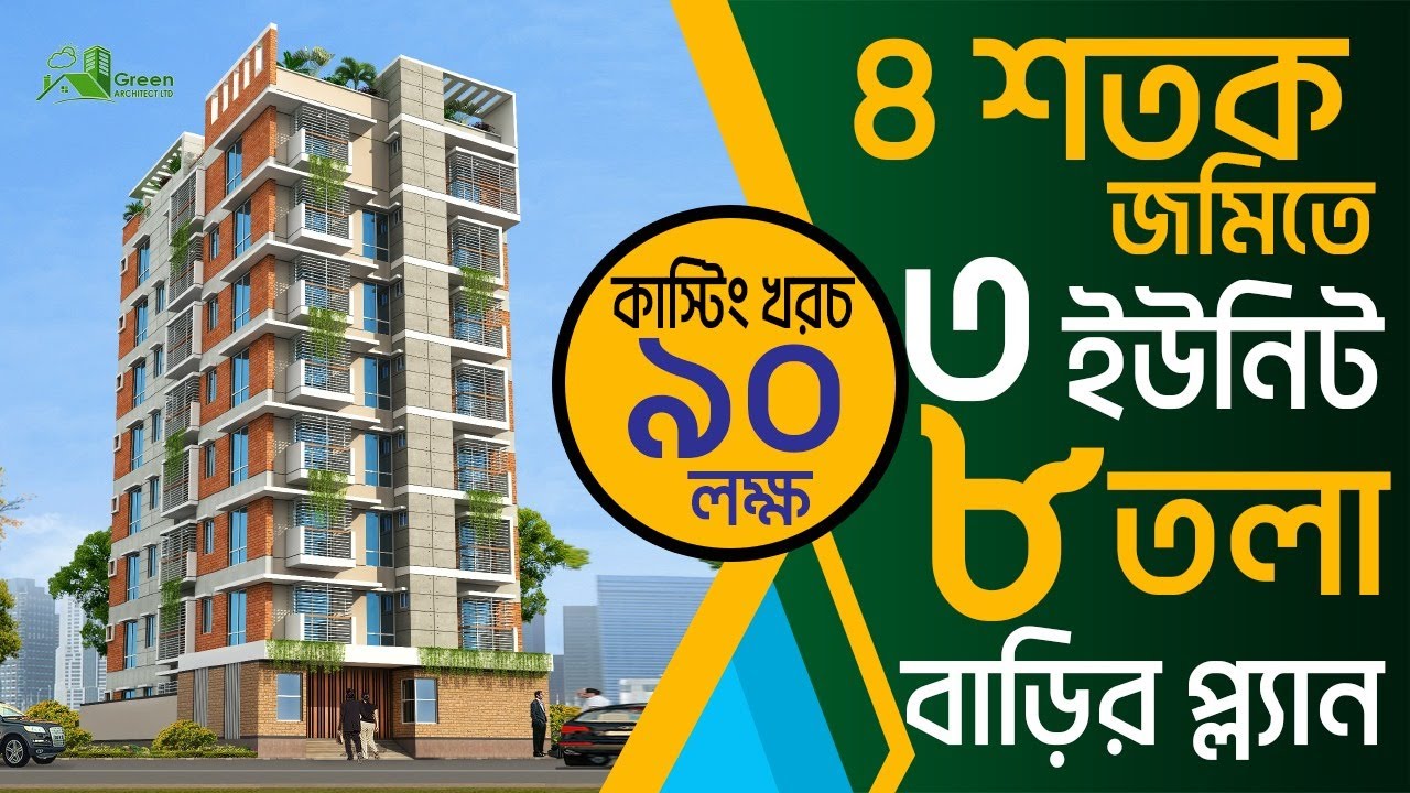 ৪ শতক জমিতে ৩ ইউনিট ৮ তলা বাড়ির প্লান কাস্টিং খরচ ৯০ লক্ষ | 3 unit 8 storied Building plan design