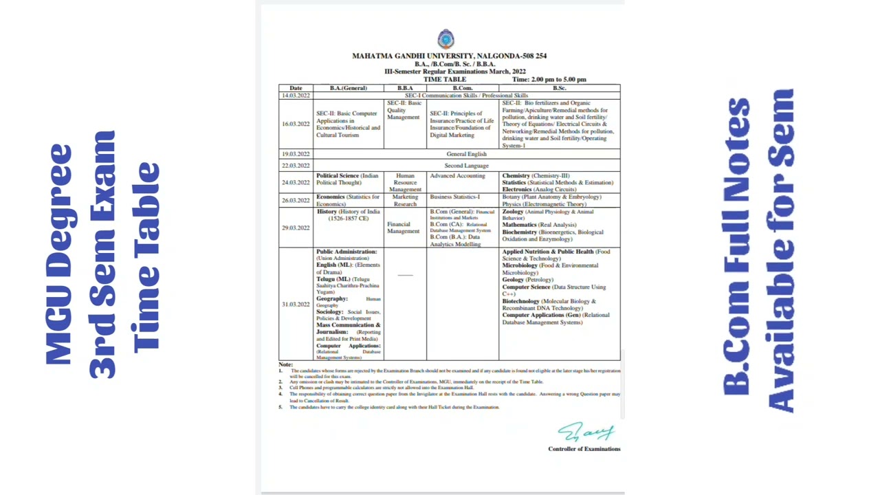 Mahatma Gandhi University Degree UG 3rd Semester Regular Examination Time Table 2022 March