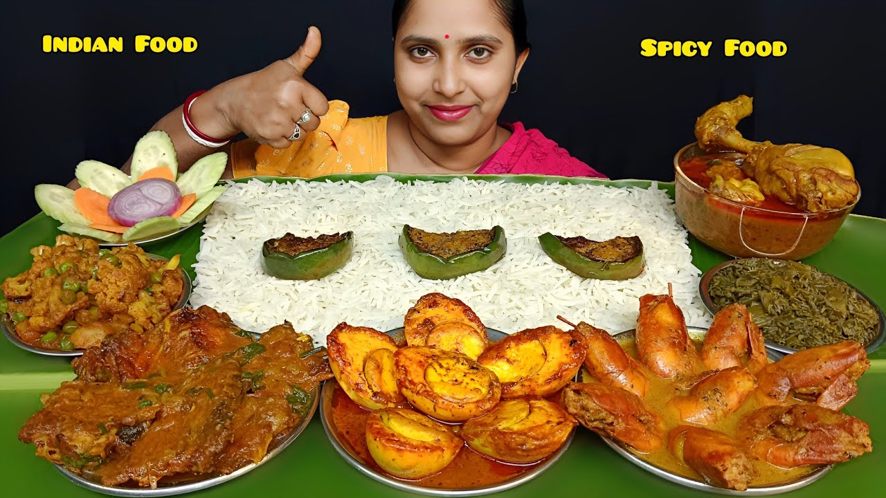 Eating Chicken Curry, Prawn Curry, Egg Curry, Vetki Fish Bone Curry, Cauliflower Curry, Basmati Rice