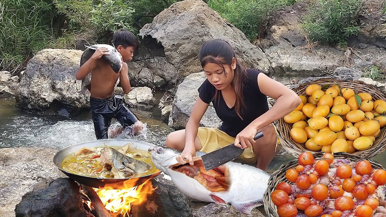 Big fish curry spicy for food in forest, Chicken egg cooking tasty so delicious food for dinner