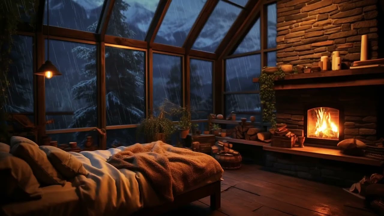Forest Cabin Rainstorm 🌧️🔥 Cozy Fireplace Ambience with Heavy Rain for Sleeping