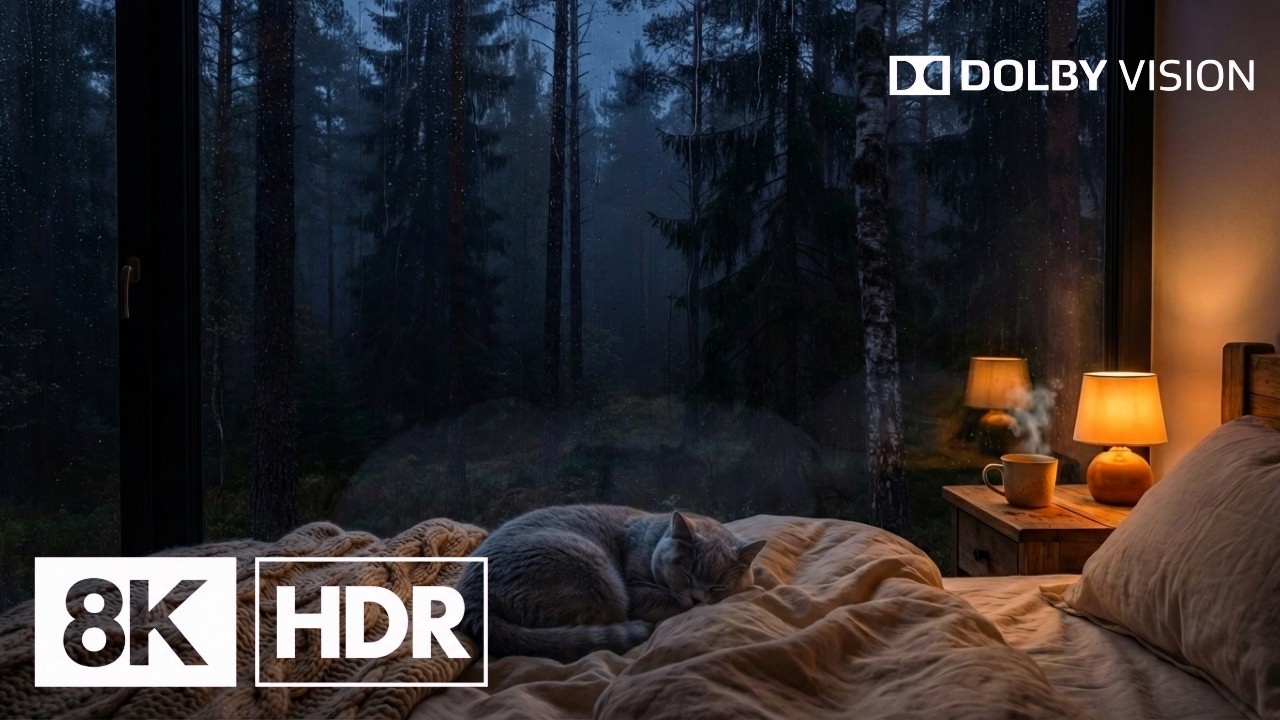 8K Cozy Rainy Forest Bedroom Ambience 🌧️🐱 – 2 Hours of Night Rain & Peaceful Sleep Sounds