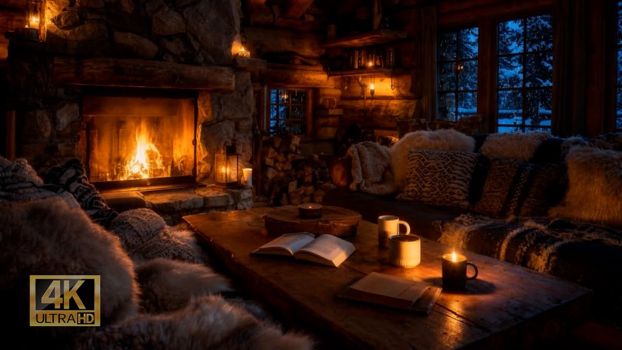 Cozy Fireplace in a Winter Cabin ❄️🔥 | 8 Hours Fire & Brown Noise | Deep Sleep, Study, Relax 4K