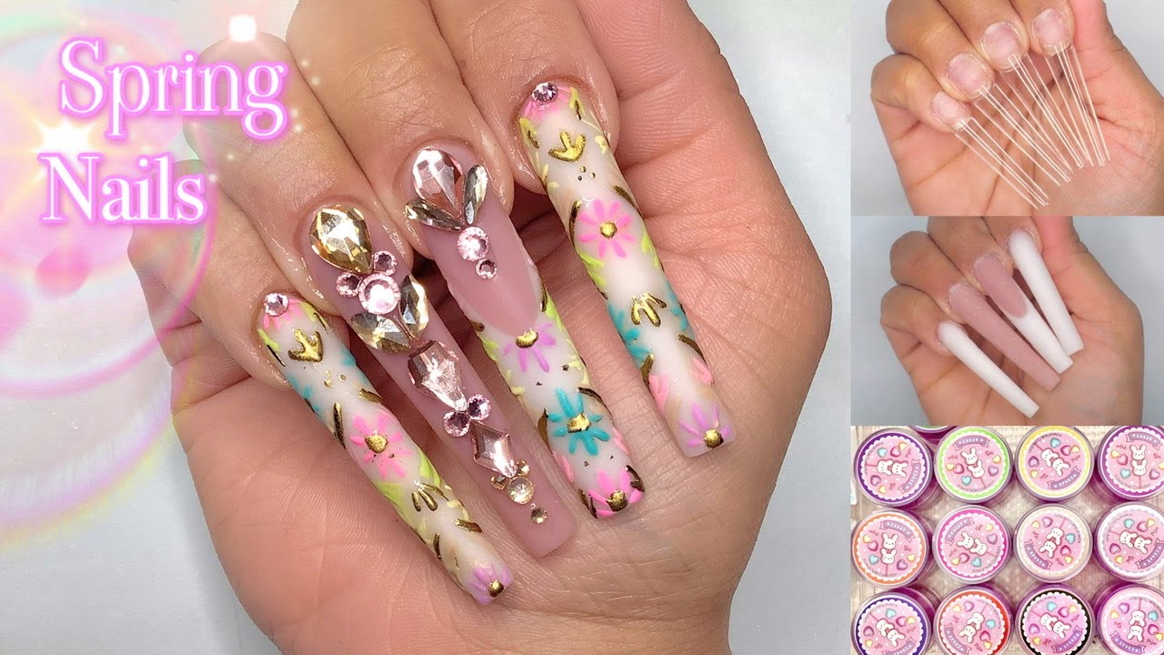 FLORAL SPRING HARD GEL NAILS 🌸 BLING & NAIL ART | Builder Gel Nails Tutorial