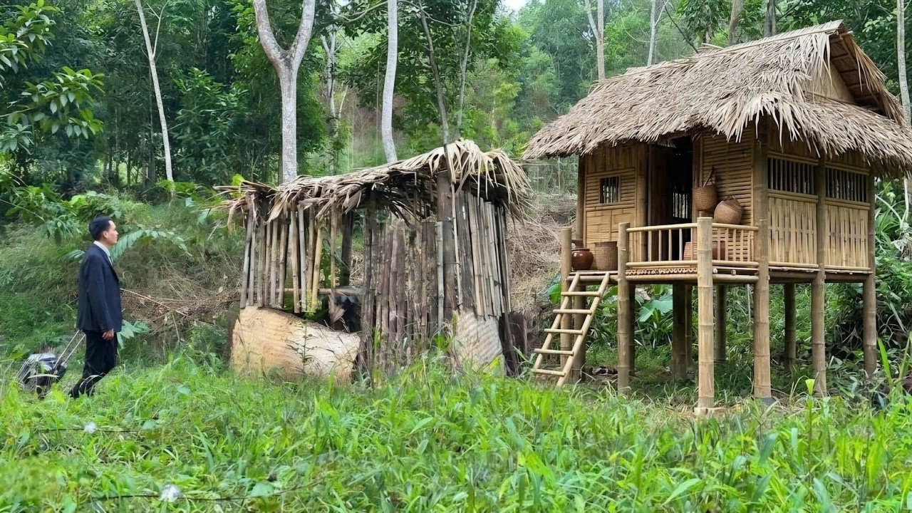 Starting a new life: The first task is finding palm leaves to roof the bamboo house.