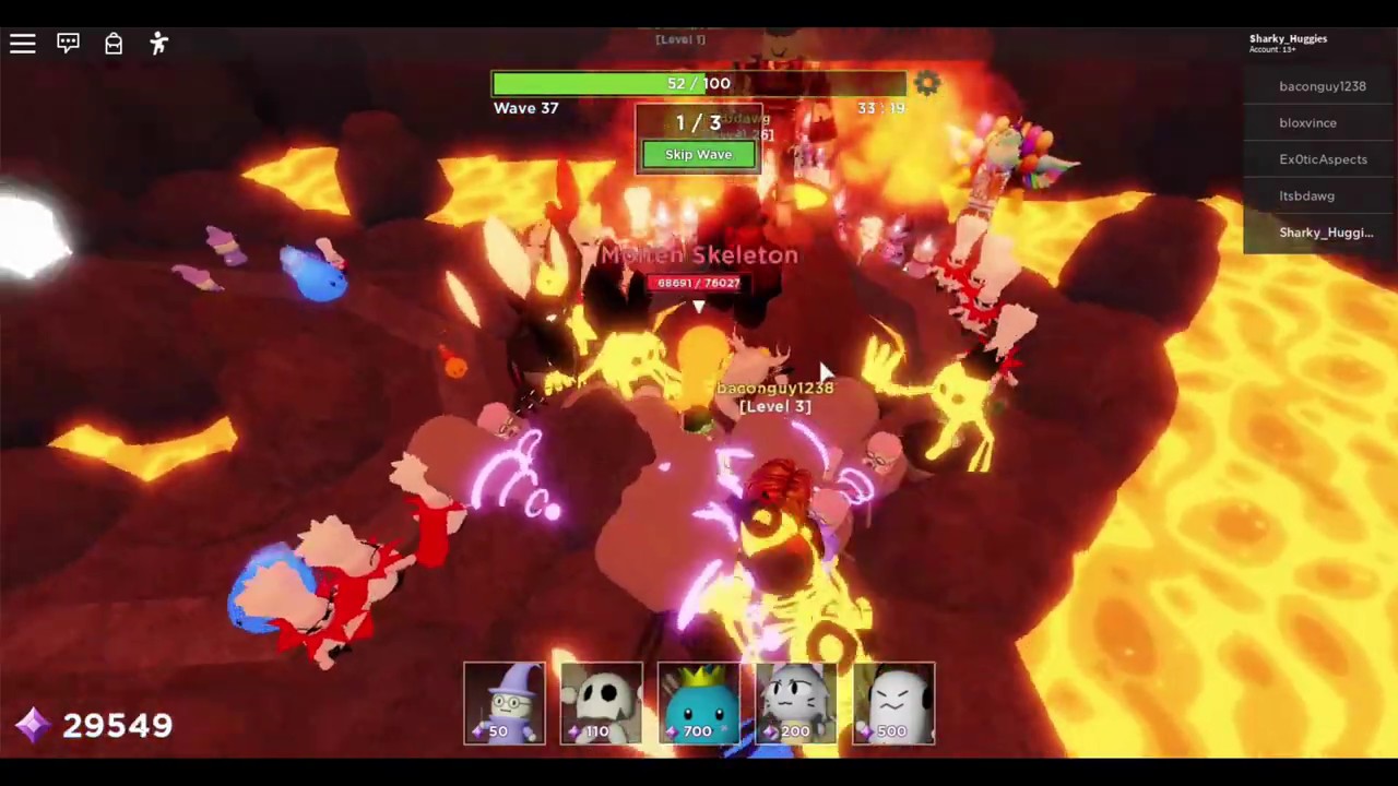 Roblox Tower Heroes: BEATING MOLTEN SKELETON KING (Volcano Valley on Hard mode) [with six people]!!!