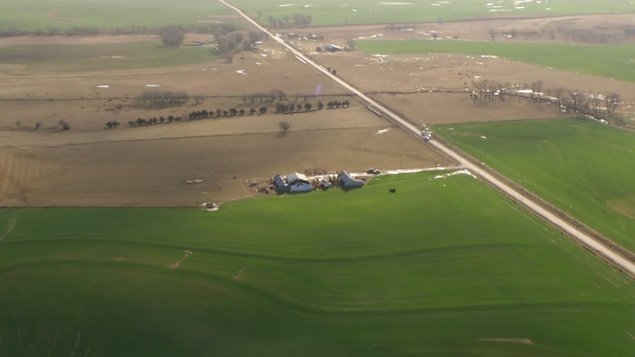 Aerials of tornado damage over Fairview, Oklahoma