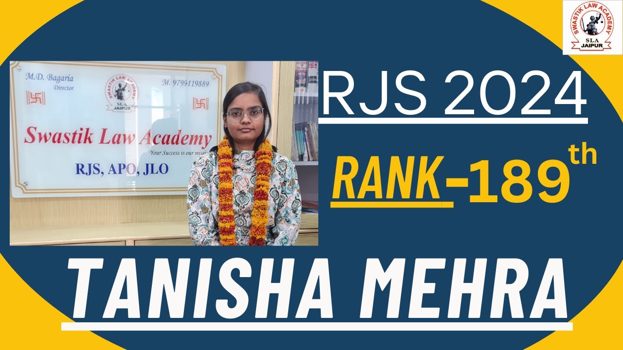Congratulations to Tanisha Mehra for Securing Rank 189 in RJS 2024 | Swastik Law Academy