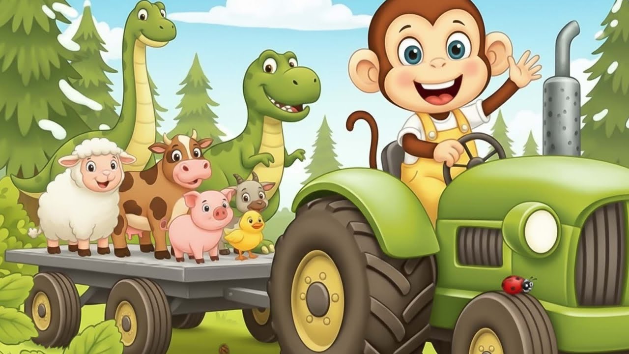 Farmer Monkey Drives Tractor Moving , Cows, Dinosaurs:Monkey Tractor🐒🚜