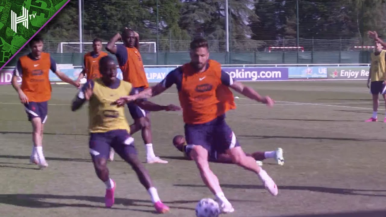 N'Golo Kante & Olivier Giroud battle in France training as Mbappe shows off his tricks and flicks