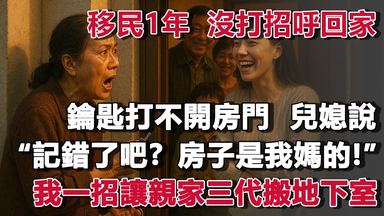 移民1年  沒打招呼回家，鑰匙打不開房門  兒媳說：“你記錯了吧？房子是我媽的！”我一招讓親家三代搬地下室！#夜讀人生 #朝夕書卷  #情感故事  #為人處世 #不肖子孫 #養老故事 #樂齡故事匯