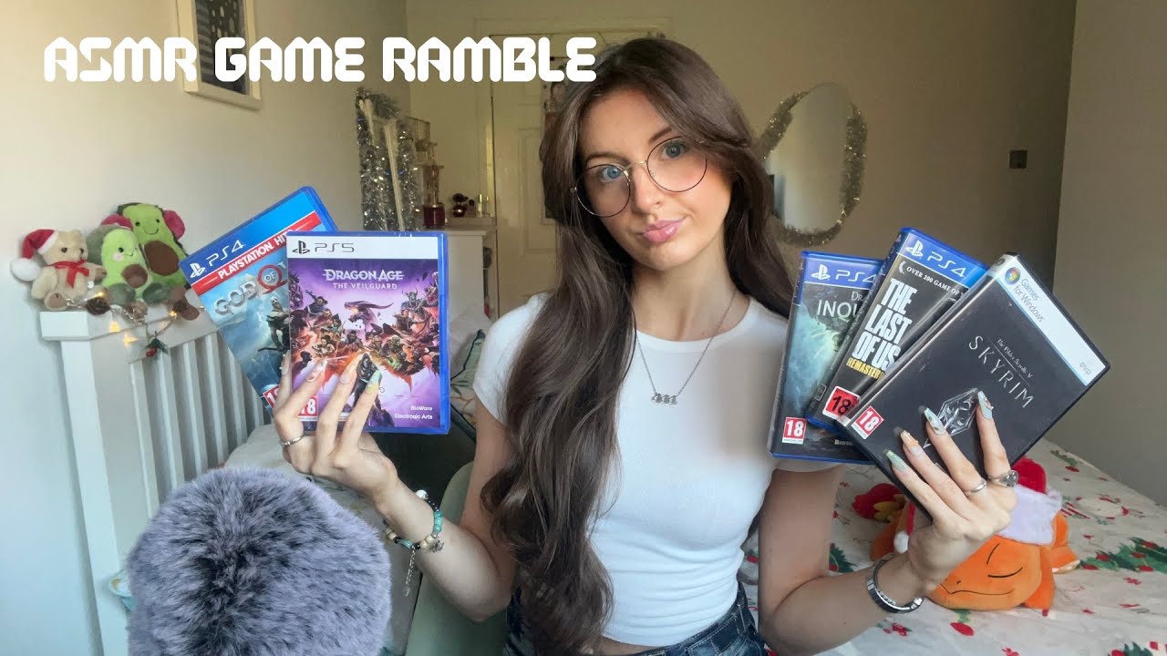 ASMR Game rambles with game case triggers🎮 (sticky tapping, gripping, whispers, mouth sounds)