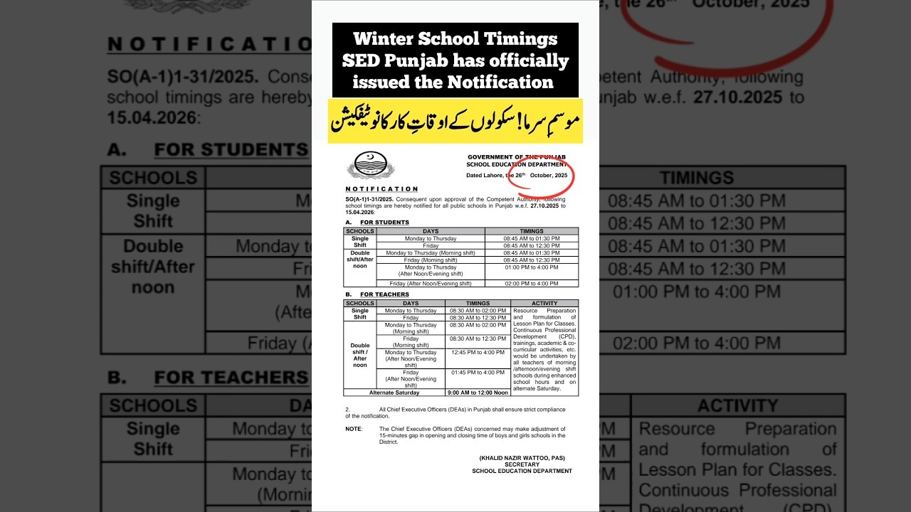 Winter School Timings | Notification by SED Punjab | October 2025