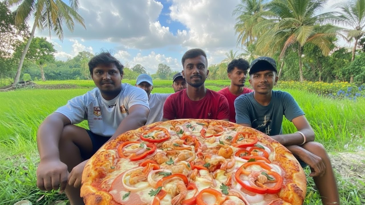 MASSIVE PRAWNS CHEESE PIZZA | Village Cooking on Fire with Aluminum Pot | Village Cooking World