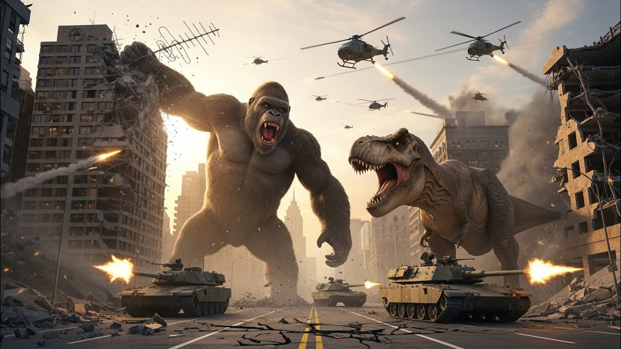 King Kong 🦍 vs🦖 Dinosaur | Epic City Destruction Battle | AI Action Movie Scene