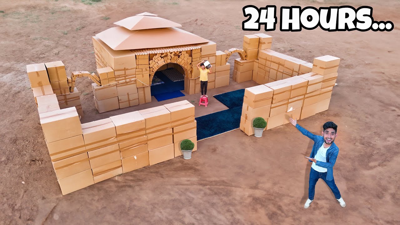 Surviving challenge in cardboard box fort for 24 hours