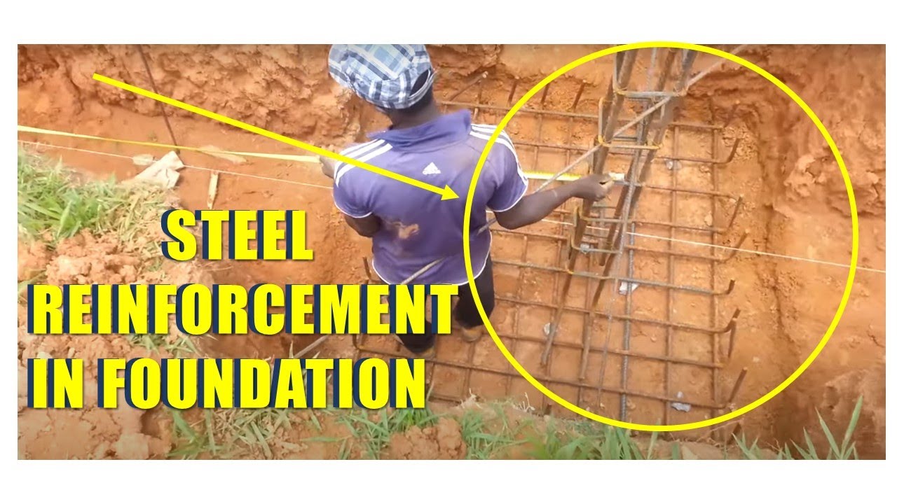 reinforcement basket and steel column in foundation trench
