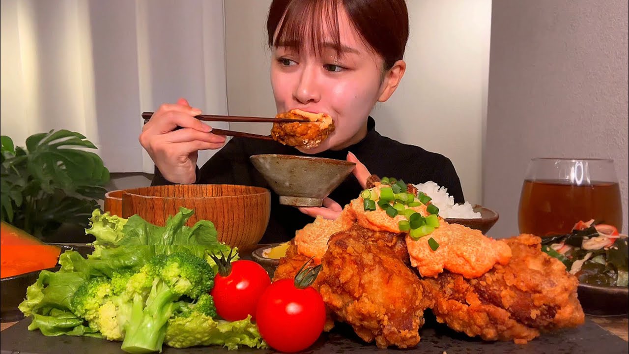【ASMR】明太マヨ唐揚げ定食 [咀嚼音/EatingSounds/Mukbang/먹방]