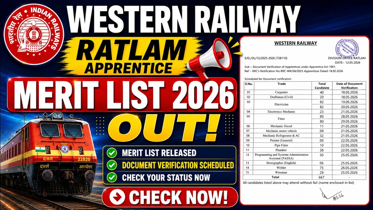 Western Railway Ratlam Apprentice Merit list 2026 Out, RRC WR Ahmedabad Apprentice Merit list 2026?
