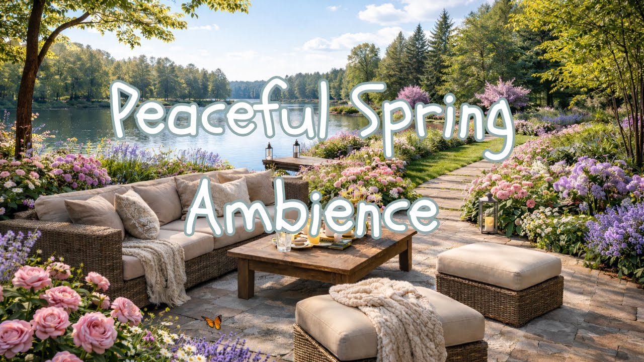 1 Hour 🌸 Lakeside Spring Garden Blooms Nature Music | Quiet Comfort