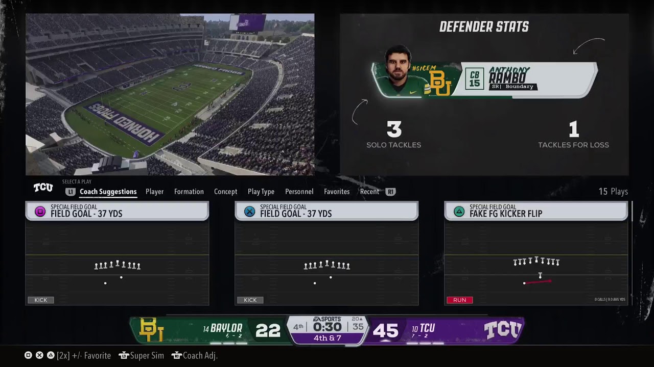 EA College Football 26 Sooner Magic Dynasty 2031 Week 11 TCU vs Baylor